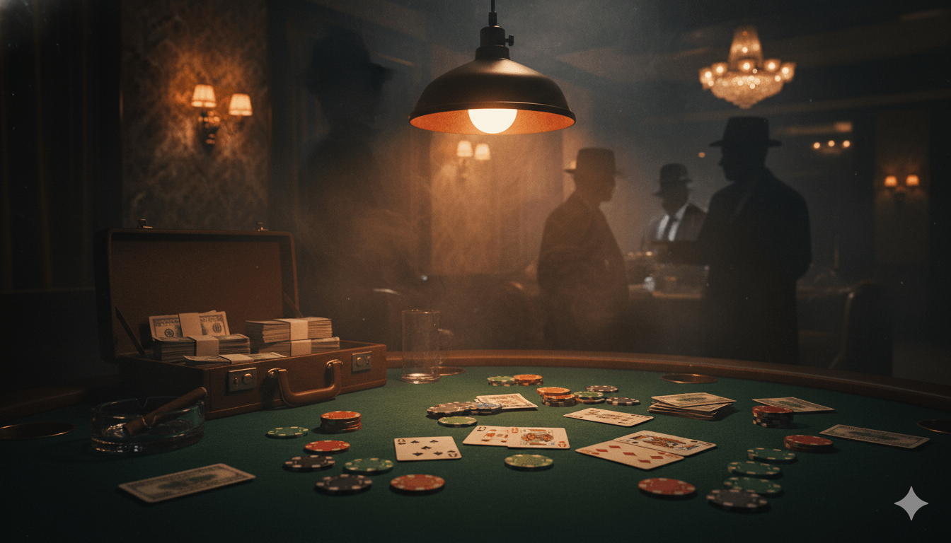 Suasana gelap meja kasino vintage era 1960-an dengan poker chips, uang tunai, dan asap rokok yang menggambarkan koneksi historis antara industri judian dan organisasi kriminal dunia hitam dalam pencahayaan sinematik bergaya film noir
