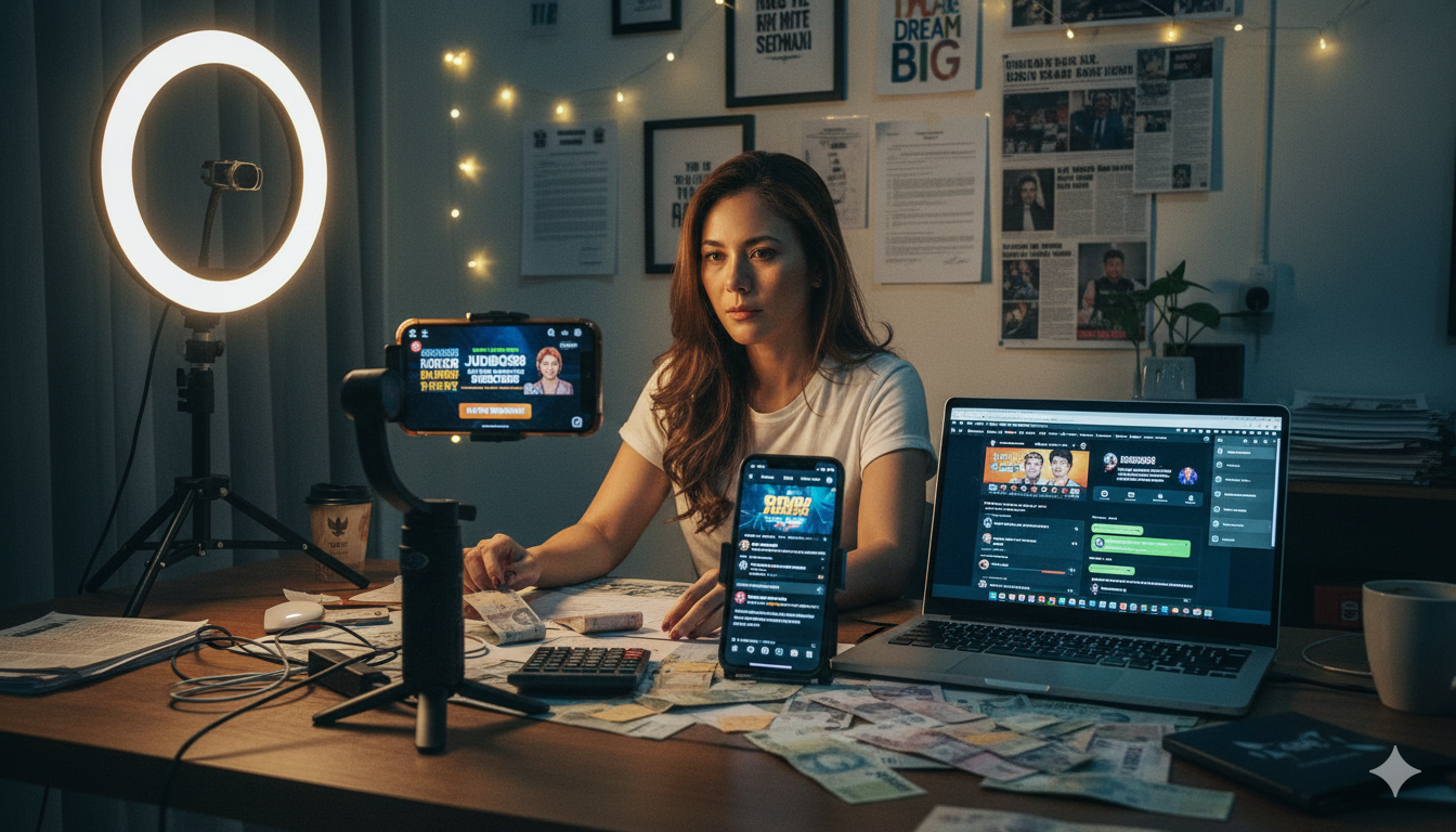 Influencer perempuan di workspace dengan ring light, smartphone dan laptop menampilkan situs judi online, uang cash di meja, menggambarkan realitas influencer promosi judi di Indonesia