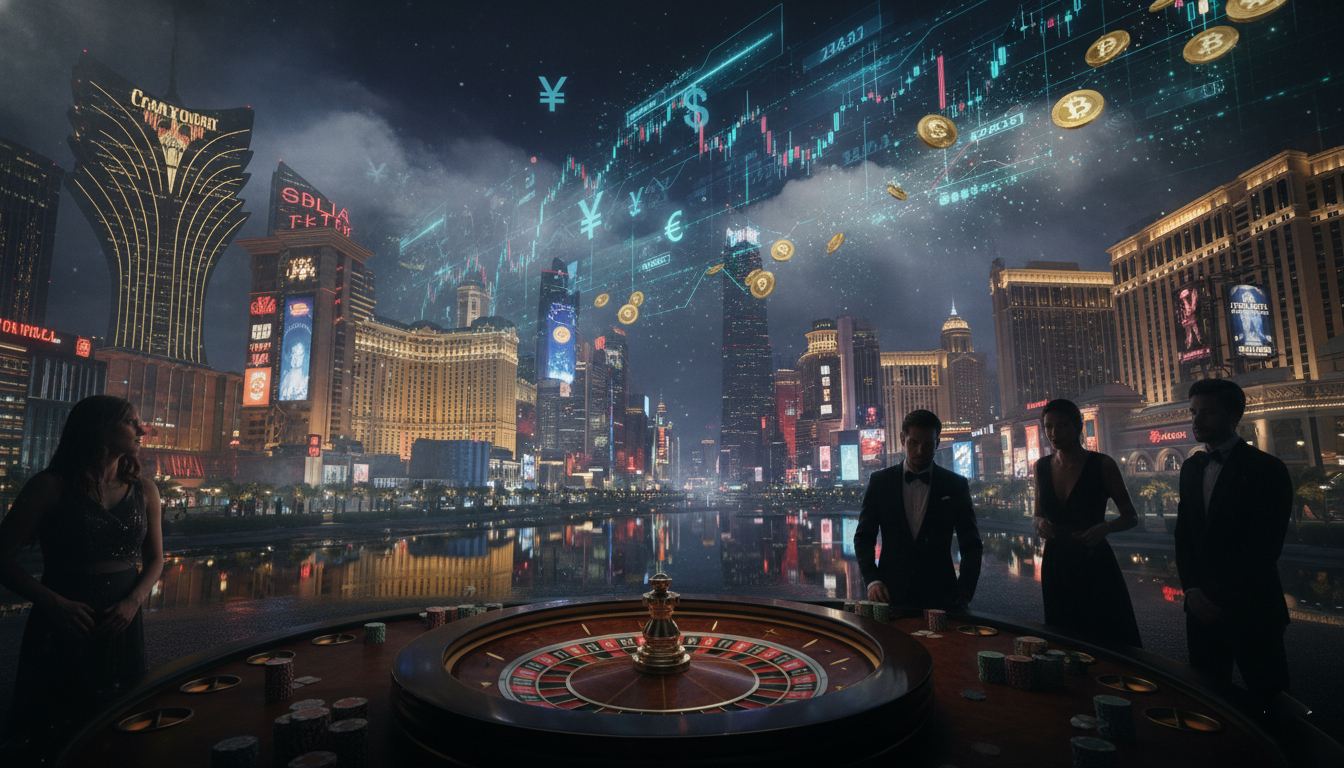 Perputaran uang industri perjudian global di lantai kasino mewah Macau dengan meja VIP dan chip bernilai jutaan dolar